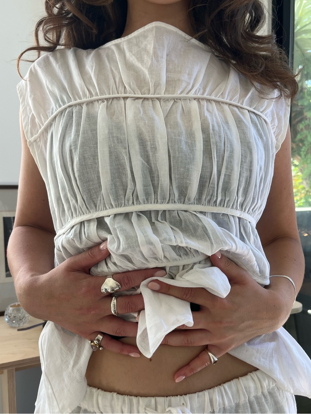 DISSH Sheer White Cotton Linen Sleeveless Ruched Boatneck Flynn Top, US 2/AU 6